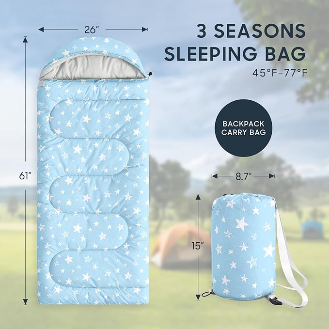 Wake In Cloud - Star Kids Sleeping Bag for Boys Girls Toddlers, Camping in Warm Cold Weather, Backpacking Lightweight Compact Outdoor Liner for 3 Seasons Summer Spring Fall