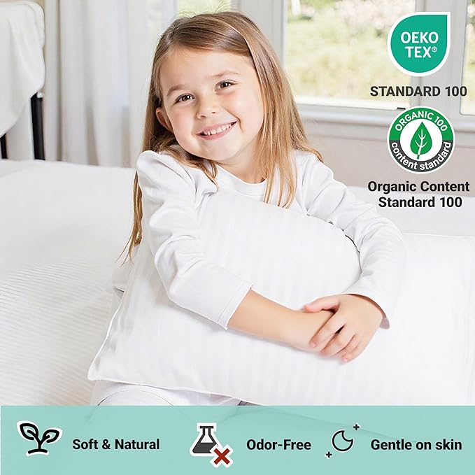 ZPECC Toddler Pillow with Pillowcase 2 Pack - 13x18 Organic Cotton Hypoallergenic Kids Pillow, Baby Essentials for Travel Crib Daycare Stroller (Intended for Age 2 and up) White Stripe