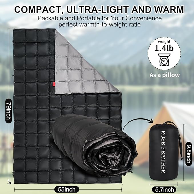 Down Camping Blanket - Lightweight, Packable, Warm & Puffy Outdoor Travel Quilt for Sleep, Hiking, Backpacking, Stadium, Festivals, Water-Resistant Sleeping Bag 55"x79"