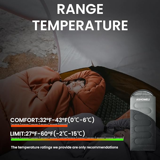 ASHOMELI Camping Sleeping Bags for Adults - 4 Season Warm & Cool Weather - Summer, Spring, Fall, Winter, Lightweight, Waterproof Sleeping Bag for Camping, Traveling, Indoors and Outdoors