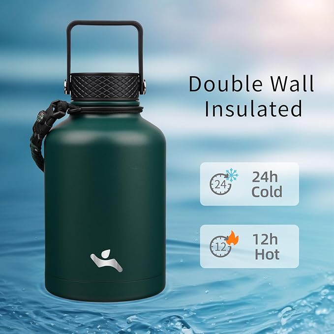 Konokyo Insulated Water Bottle with Straw,50 oz 3 Lids Water Jug with Carrying Bag,Paracord Handle,Double Wall Vacuum Stainless Steel Metal Flask,Dark Green