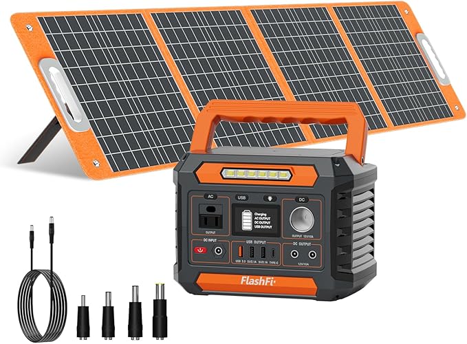 FF Flashfish 144.3Wh with Solar Panel 100W, Solar Generator 200W with AC/DC/USB/Type C/LED Lights, Backup Battery for Camping, Travel and Emergencies