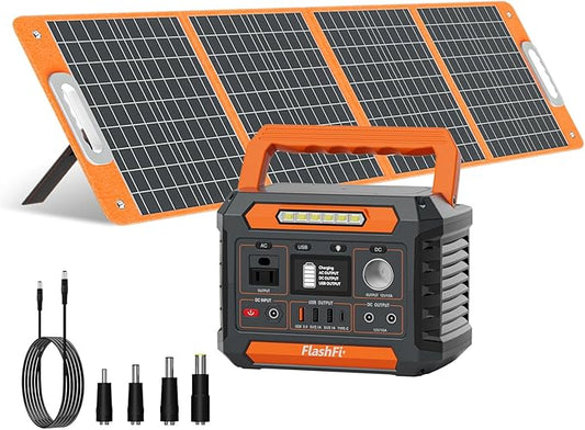 FF Flashfish 144.3Wh with Solar Panel 100W, Solar Generator 200W with AC/DC/USB/Type C/LED Lights, Backup Battery for Camping, Travel and Emergencies