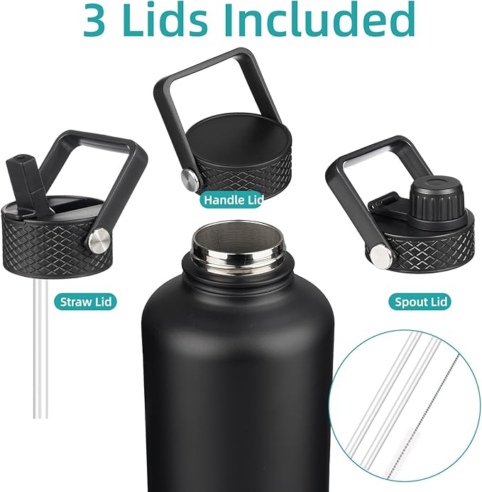 Konokyo Half Gallon Insulated Water Bottle with Straw,64 oz 3 Lids Water Jug with Carrying Bag,Paracord Handle,Double Wall Vacuum Stainless Steel Metal Flask,Black