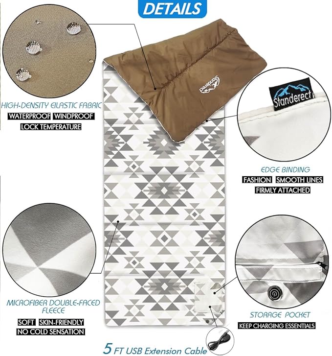 Heated Sleeping Bag pad, 3 Adjustable Temperature Levels, Operated by 5V/2A USB Power Supply (Bohemia, 76" x 24")