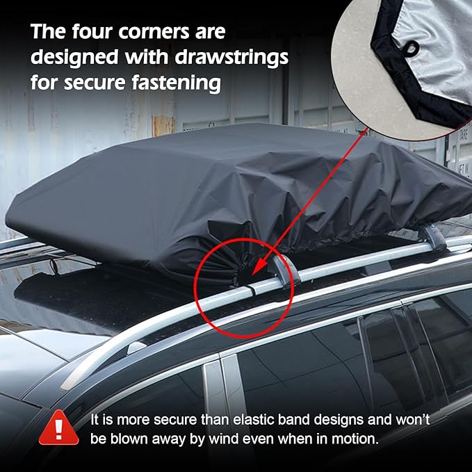 Car Roof Rack Cover, 190cmx145cm Universal Waterproof Sun Protective Silver Coated Fabric with Drawstring, Vehicle Luggage Rack Protector for Cargo (Black)