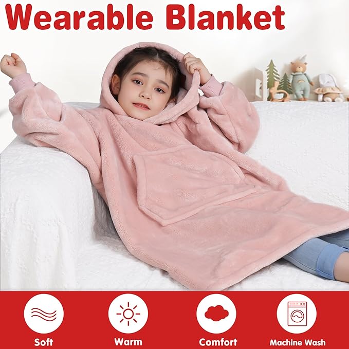 Waitu Wearable Blanket for Kids, Wearable Blanket Hoodie for Teens Girls Boys, Warm Blanket Sweatshirt Gift for Teenage, Hoodie Blanket with Sleeves and Giant Pocket - Pink