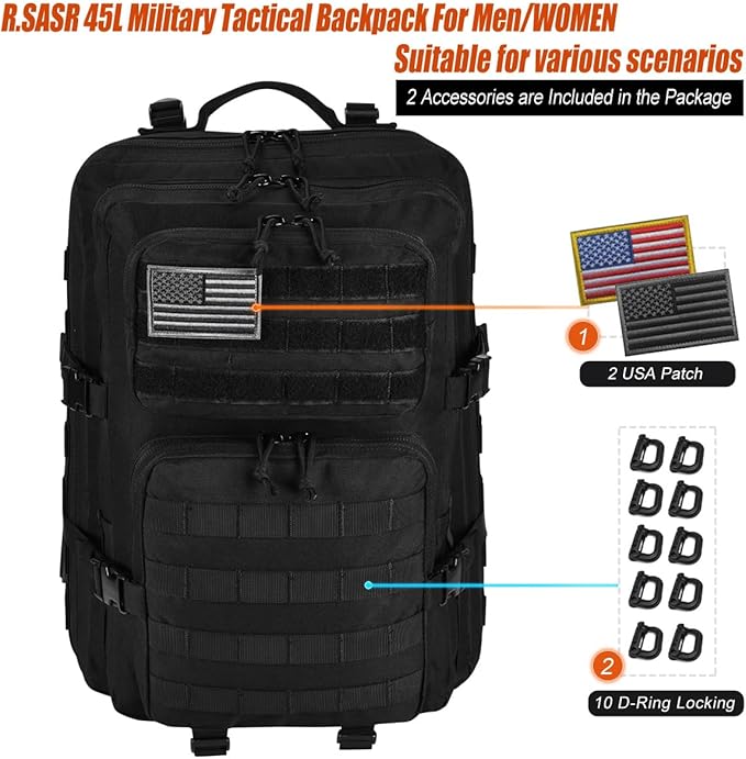 45L Tactical Backpack for Men Women, Military Assault Pack with MOLLE, Large 3 Day Bug Out Bag for Hiking Camping