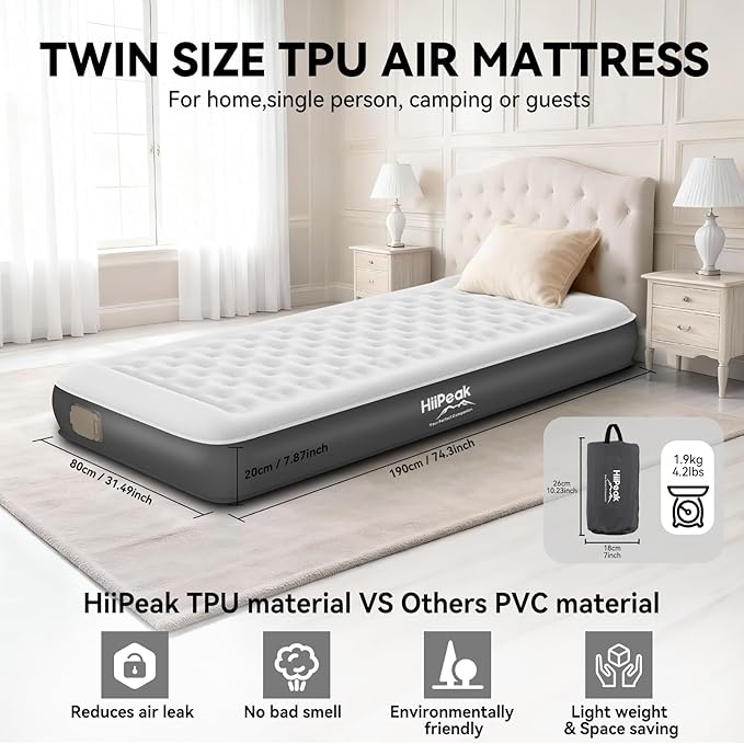 HiiPeak Twin Air Mattress Bed with Removable Multi-Function Air Pump, Self Inflatable TPU ECO Blow Up Bed, All Night Stability No Lost Air, No Peculiar Smell for Camping, Home, Guests Portable Travel