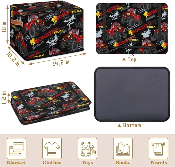 Storage Bins With Zipper Lid, Collapsible Trunk Organizer, Car Organizers and Storage Bins with Lids, Decorative Storage Boxes with Handle, Home Storage Baskets for Organizing (Monster Truck)