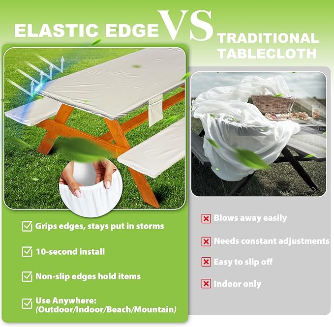 Picnic Table Cover with Bench Covers Vinyl Elastic Edges Fitted Rectangle Seat Tables Waterproof 3-Piece96X30in Set Outdoor Rectangular Folding Backing Tablecloth for Camping Over Size