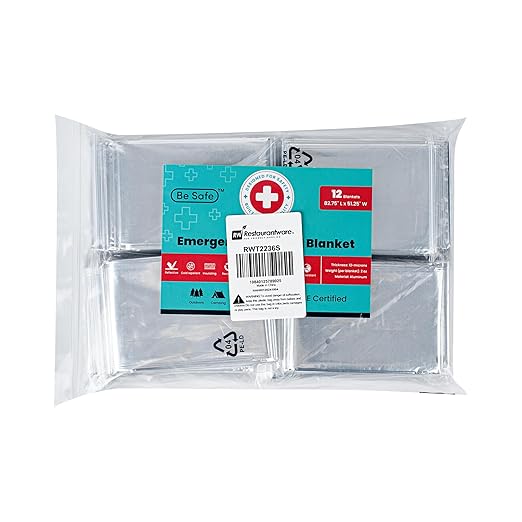 Restaurantware Emergency Thermal Blankets 12 Pack Survival Mylar Blankets for First Aid Kit Waterproof, Windproof, Retains Body Heat, Compact Space Blanket Design Hiking, Outdoors, Travel, Camping,