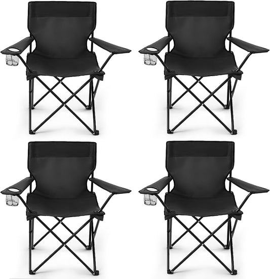 4 Pack Folding Camping Chairs for Adults,Foldable Portable Lawn Chairs with Carry Bag & Cup Holder, Compact Design for Camp,Beach, Picnics,and Fishing Supports 300LBS（Black）