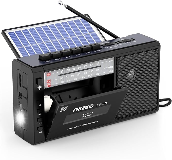 PRUNUS J-360 Cassette Tape Player Boombox with Solar/Rechargeable Battery Operated,AM FM Portable Radio,Bluetooth Tape Player Recorder,AUX/TF/USB Drive, Headphone Jack,Tape Recorder Cassette Player