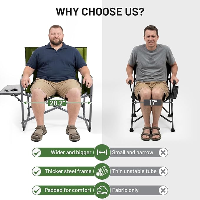 Timber Ridge XXL Director’s Chair – Heavy Duty Folding Camping Chair for Adults, 500lb Capacity, Extra Wide Padded Seat for Camping, Sports, Lawn, Courtyard, and Outdoor Use, Green