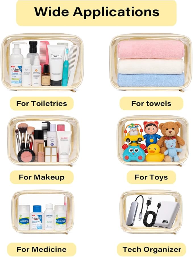 Travel Clear Makeup Bag Set for Women, 3 Pack Travel Size Toiletry Bag with Zipper Small Makeup Pouch for Purse Waterproof Portable Cosmetic Case Compact Car Organizer Storage Bag (Beige Set)