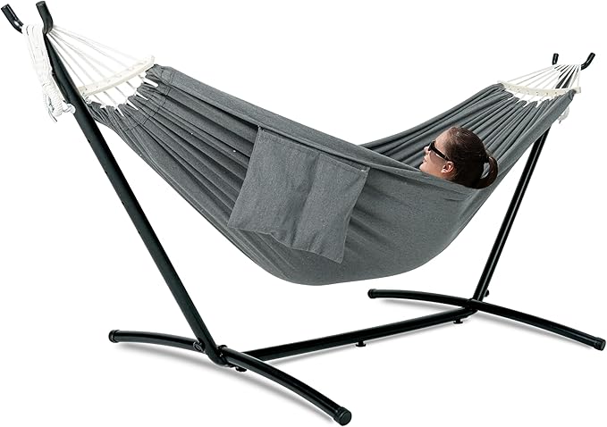 GAFETE Double Hammock with Stand for Outside, Upgraded Spreader Bar, Heavy Duty Space Saving Steel Stand 2 Person, Side Pocket, Easy Assembly, 600lbs Weight Capacity, Indoor & Outdoor (Dark Grey)