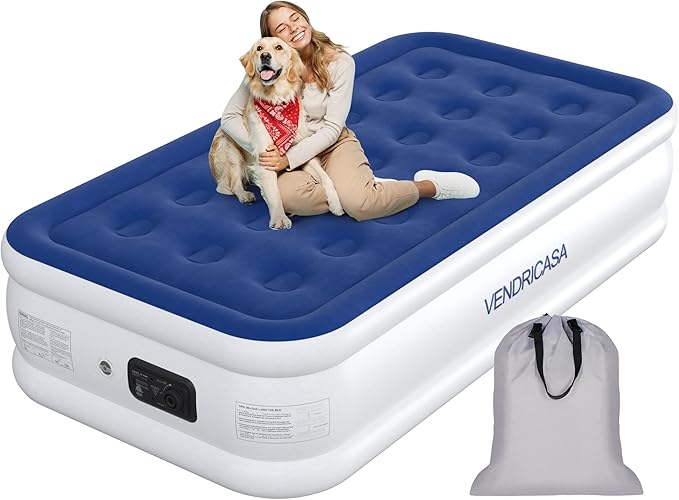 Twin Air Mattress with Built in Pump, 18" Raised Inflatable Mattress, Self Inflating Blow Up Bed, Comfort Portable Air Bed with Carry Bag for Camping, Home, Guests, Travel 550 lbs Max
