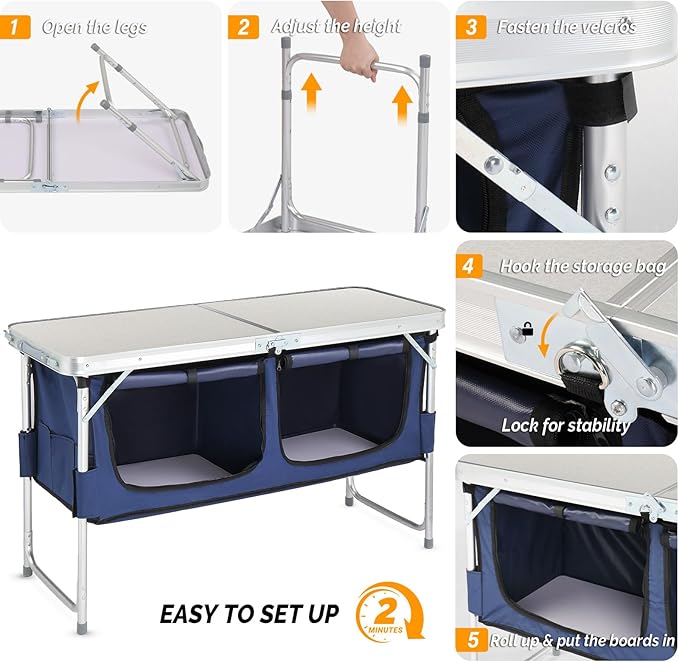 VINGLI 4 Ft Folding Table, Aluminum Camping Table, Picnic Table with Storage, Adjustable Height for Outdoor Beach BBQ Backyards Travel Party (White ＆ Blue)