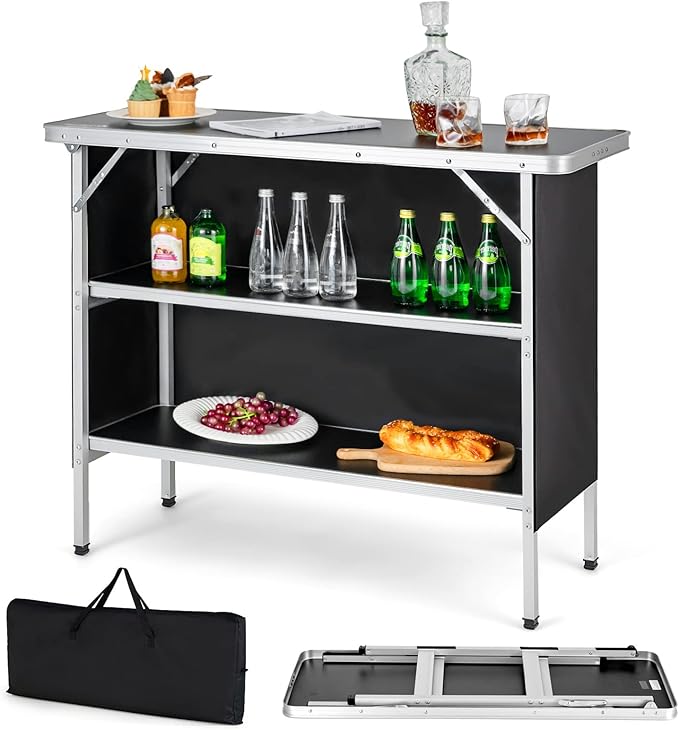 COSTWAY Folding Picnic Camping Table, Portable Lightweight Aluminum Table with Carry Bag, Food Prep Station with 2 Shelves, Quick Set-up, Outdoor Camping Table for BBQ, Party, Backyard (Black)