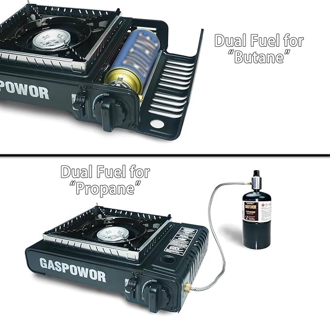 Propane or Butane Stove with Windblocker, Dual Fuel 10,000 BTU Portable Gas stove for Camping, Automatic Ignition Gas Stove with Adapter Hose Carrying Case & Griddle for Hiking (Fuel Not Included)