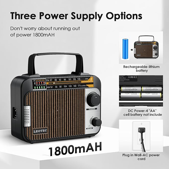 LEOTEC AM FM Radio with Bluetooth,Portable Vintage Transistor Radio Rechargeable Battery/4 AA Cell Battery Operated/Plug in Wall,AUX,Big Speaker,Headphone Small Gifts for Senior