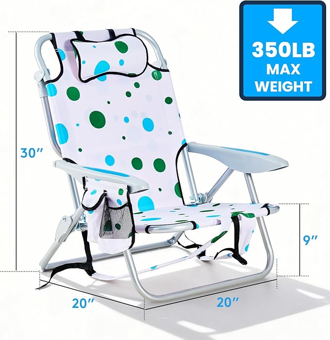 Portable Beach Chair for Adults, Outdoor Camping Chair Lay Flat Folding Backpack Beach Reclining Chair with 5 Positions, Headrest, Cup Holder, Heavy Geometric Circle