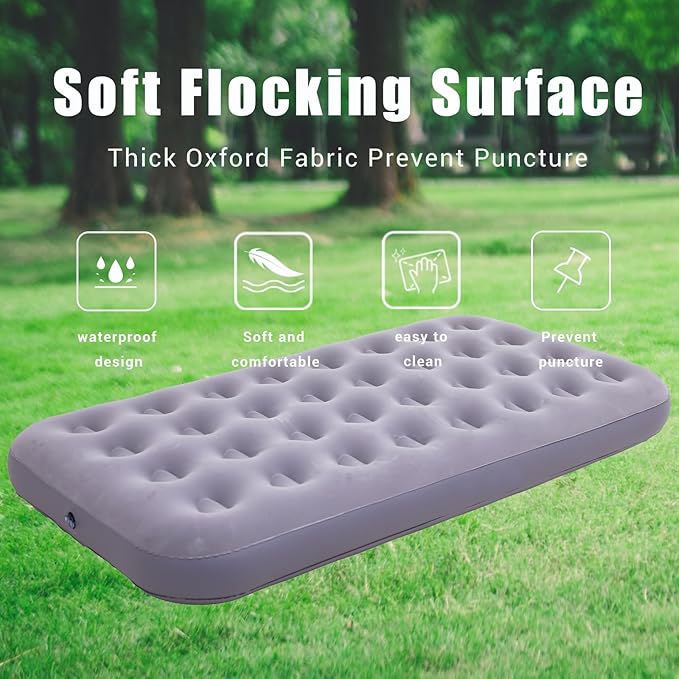 Onirii Twin Size Single Camping Air Mattress Bed with Air Pump,75"x 39"Thickened Portable Inflatable Mattress Blow Up Air Mattress,Travel Sleeping Bed Pad for Camping Home Hiking(Gray)