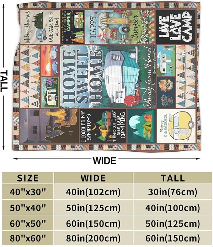 Camping Blanket Soft Warm Plush Throw Blanket Happy Camper RV Gifts for Camper Lover Cozy Lightweight Flannel Fleece Bedding Stuff Decor Blanket for Girls Kids Adults Women 50"x60"