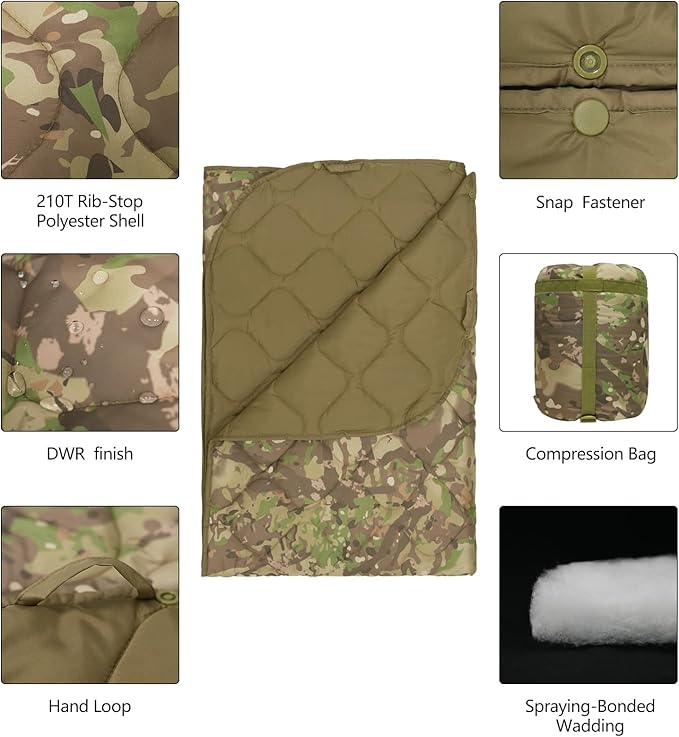 Military Poncho Liner 55”x 79” Camping Blanket Insulation Compact Waterproof for Travel Stadium Outdoor Camping