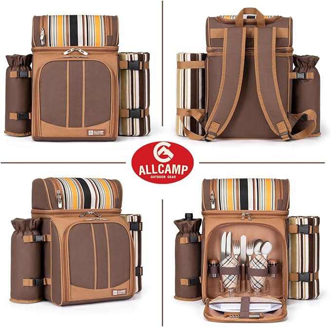 ALLCAMP Picnic Backpack - Insulated Cooler Bag with Compartment, Detachable Wine Glass Holder, Throw Blanket & Cutlery Set,2 Person Picnic Set for Family Outings, Couple Gifts (Brown)