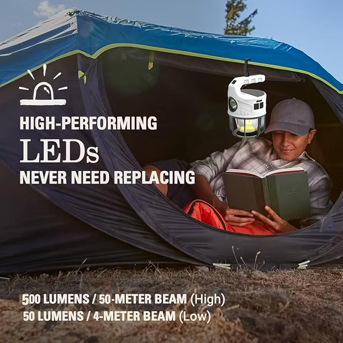 LED Camping Lantern, 500LM Rechargeable Electric Lantern for Outdoor Recreation | Solar & USB Powered Tent Light with Power Bank | IPX4 Waterproof Survival Gear for Camping, Hiking, & Home Emergency