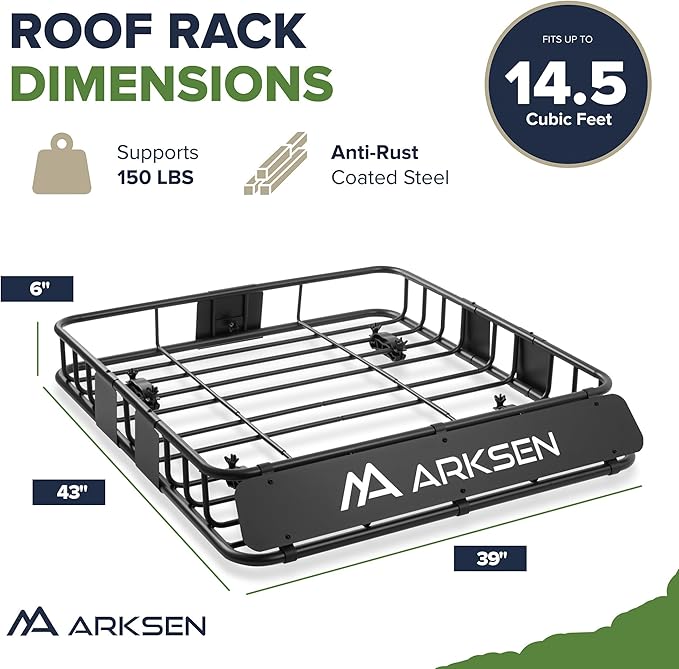 ARKSEN 43" x 39" x 6" Roof Rack Basket with Extension & Waterproof Cargo Bag, 150 lb Heavy-Duty Steel Cargo Carrier, Fits Crossbars up to 1.38" Thick, for SUV & Pickup Truck