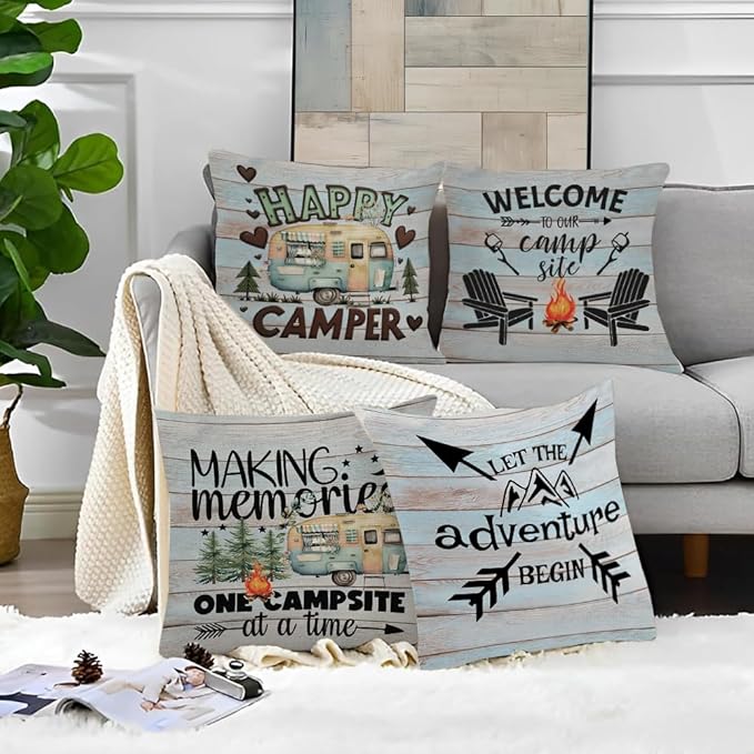 Happy Camper Throw Pillow Covers Set of 4 18" x 18" Vintage Rustic Wood Camper Quote Blue Square Throw Pillow Covers Home, Living Room, Bedroom, Home Staging, Outdoors