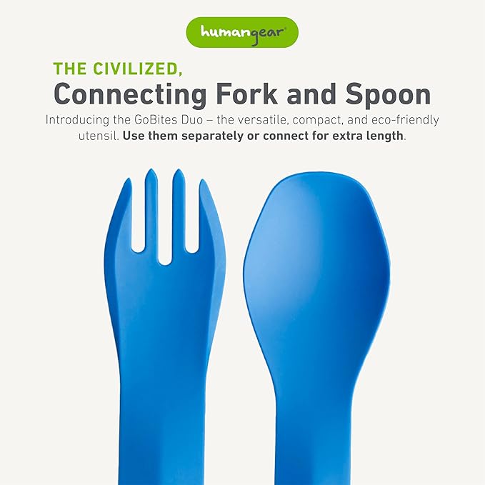 humangear GoBites Duo - Travel Silverware, Full Size Portable Fork & Spoon, Reusable Utensil Set, PC and BPA-free, Food-Safe, ﻿Extended - 9.1” X 1.6”
