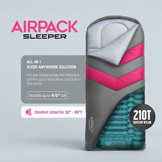 Kids Sleeping Bag with Built-in Pad (Fits Up to 4'6") All-in-One Inflatable Mattress Pad with Built-in Foot Pump - for Sleepovers, Camping and Travel (Gray/Pink)