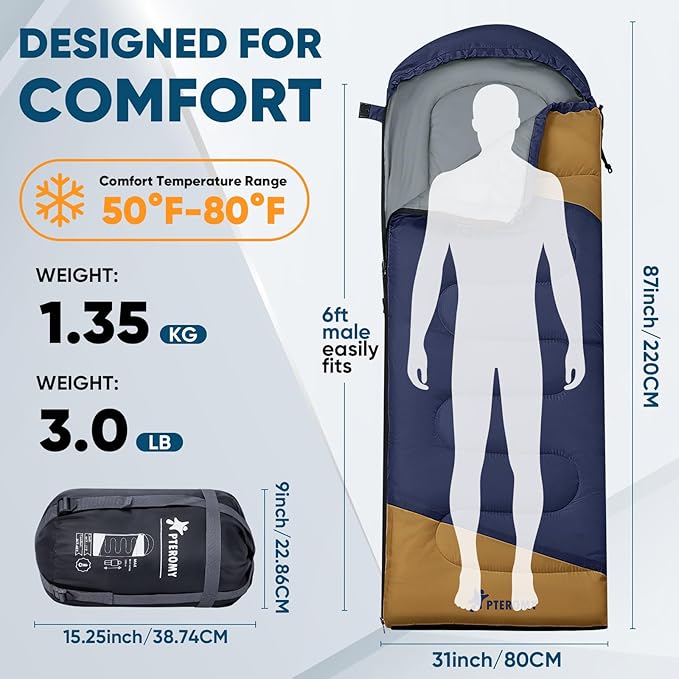 PTEROMY Sleeping Bags for Adults, Lightweight and Machine Washable, Water Resistant Backpacking Camping Sleeping Bag for Warm Cold Weather, Camping Essentials for Hiking Travel