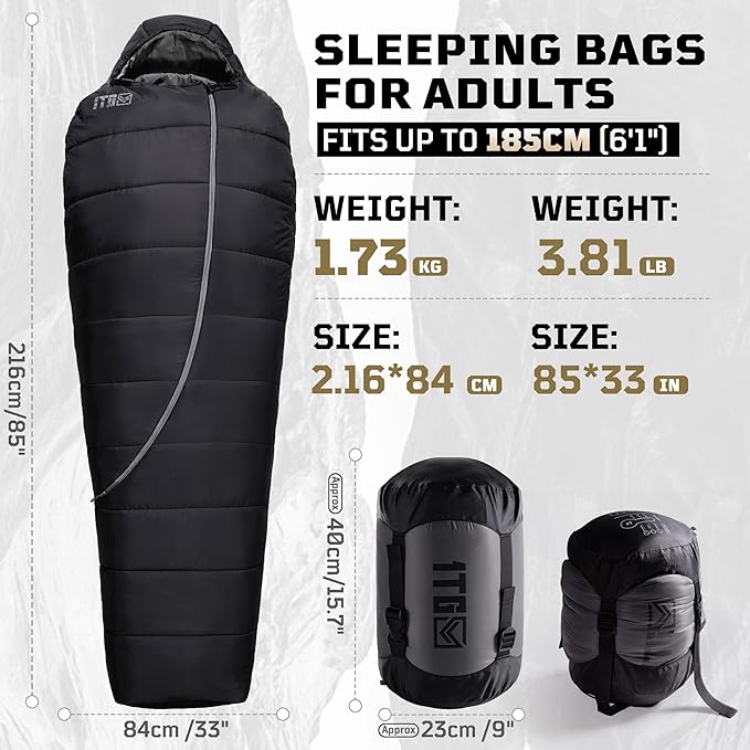 Mummy Sleeping Bag for Adults, 25℉-36℉ Cold Weather Backpacking Sleeping Bag, Lightweight 3-4 Season Winter Camp Bag with Adjustable Hood & Compression Sack, Machine Washable