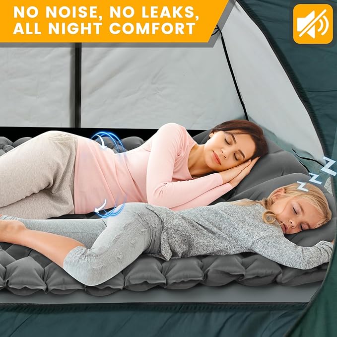 Double Sleeping Pad for Camping, 4" Extra-Thick Ultralight Mat with Built-in Foot Pump & Pillow for Backpacking, Hiking, and Travel Tent, Car Camp Gear