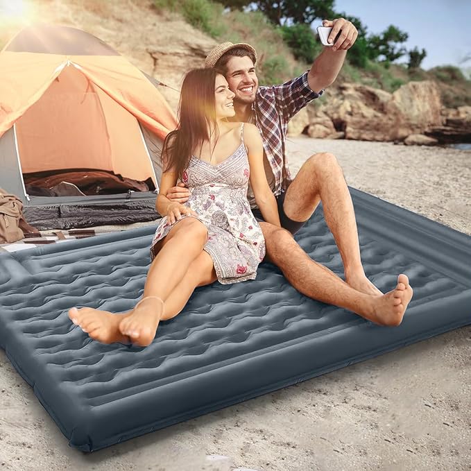 FNARMW Double Sleeping Pad Camping, Self Inflating 6'' Extra-Thick 2 Person Pillow Built-in Foot Pump Waterproof Inflatable Sleeping Mat Backpacking, Tent, Hiking, Portable Camping Pad (Grey)