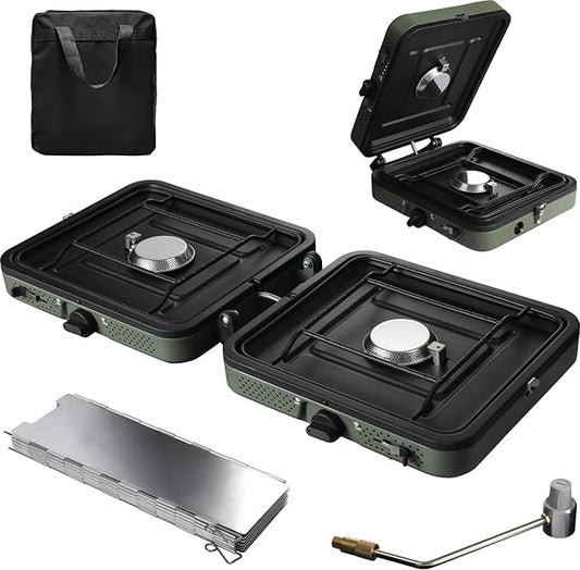 2 Burner Camping Stove with Windscreen, 12 Plates Foldable Portable Aluminum Camping Stove Windshield, Folding Gas Stove with 17200 BTU Adjustable Burners, Suitable for Propane & Butane