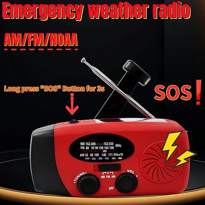 Hand Crank Emergency Weather Radio, AM FM NOAA Solar Radio with Led Flashlight and Earphone Jack, 2000mAh Charger for Smartphone, Self Powered LED Flashlight with SOS Alarm