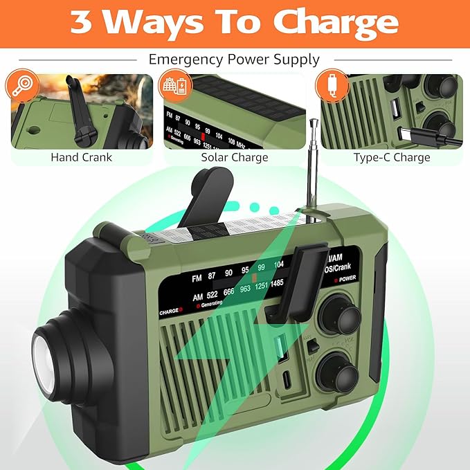 Emergency Hand Crank Solar Radio - AM/FM/WB NOAA Weather Radio with 1800mWh Battery, 3W Flashlight & Reading Lamp, SOS Alarm, Portable for Phone Charging (Green)