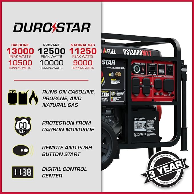 DuroStar DS13000MXT 13,000-Watt 500cc Tri Fuel Portable Generator - Gas, Propane & Natural Gas, Remote Electric Start, Whole Home Power Backup, Transfer Switch Ready, RV & Emergency Ready