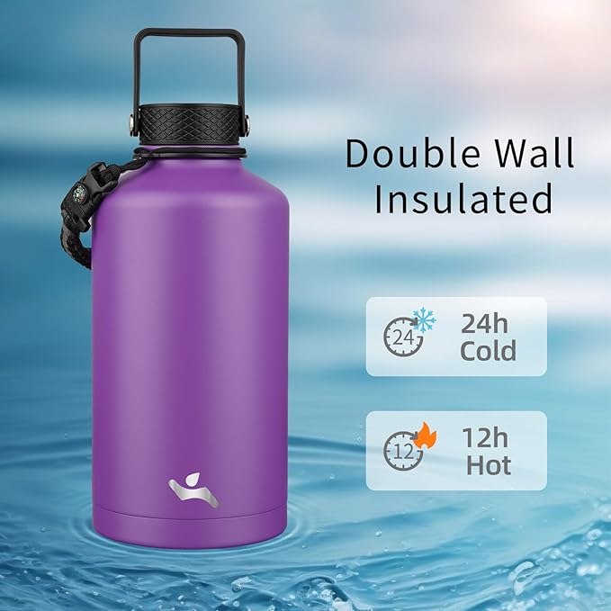 Konokyo Insulated Water Bottle with Straw,87 oz 3 Lids Water Jug with Carrying Bag,Paracord Handle,Double Wall Vacuum Stainless Steel Metal Flask,Purple