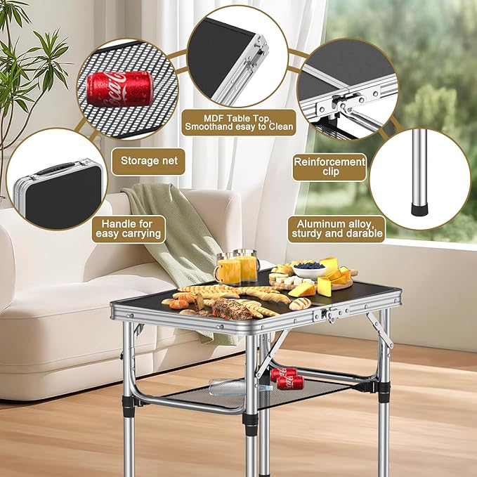 Folding Camping Table, 2 FT Folding Portable Camping Table, Outdoor&Indoor Picnic Table with 3 Adjustable Height Max 27.1",Lightweight Aluminum Camping Tables, Car Camping Essentials-Black