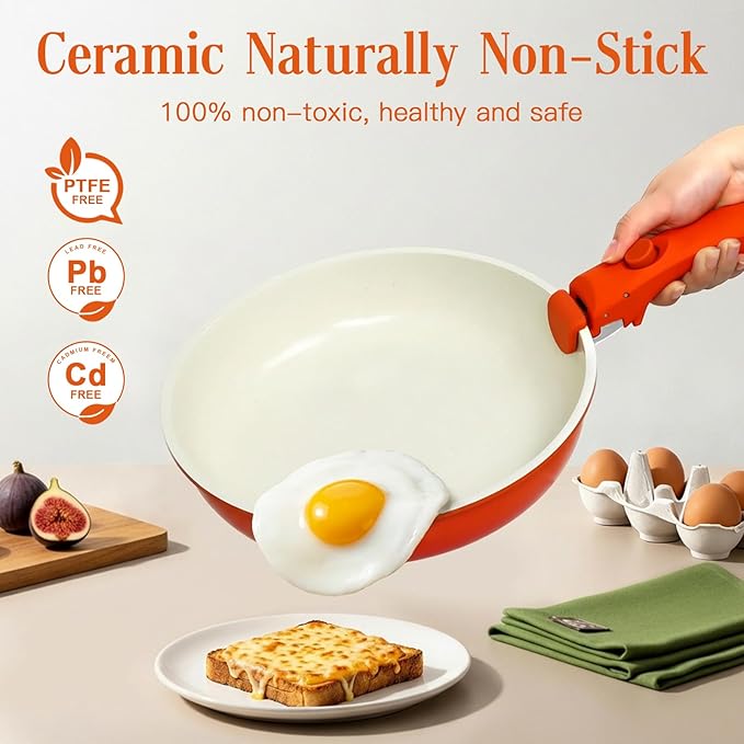 GiPP 5PCS Pots and Pans Set Non Stick, Nonstick Cookware Set Detachable Handle, Ceramic Pots for Cooking Non Stick with Removable Handle, RV Cookware Set for All Stoves, Orange Gradien