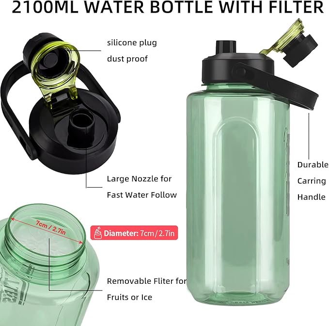 Half Gallon/64oz Water Bottle With Handle, 2L Leak proof BPA Free Fitness Sports Water Jug, Ensure You Drink Enough Water Daily for Gym and Outdoor Sports(Green)