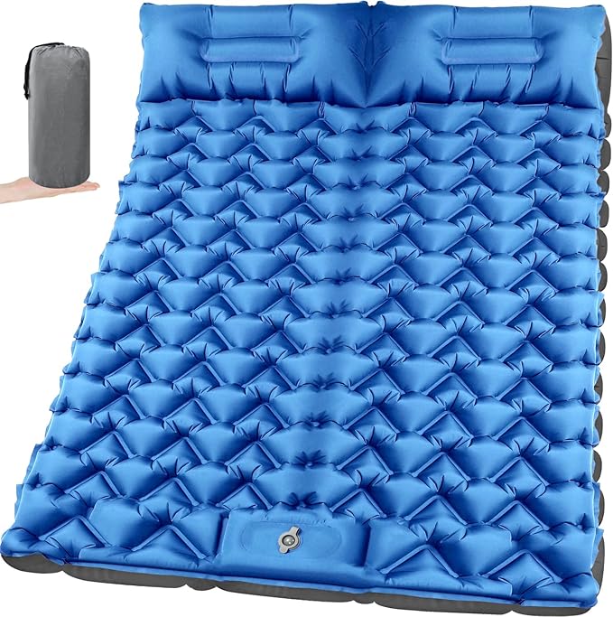 Double Sleeping Pad for Camping, 4in Extra-Thick with Built-in Foot Pump & Pillow, Compact 2 Person Ultralight Camp Air Mattress for Backpacking, Hiking, Tent, Car, Travel, Gift