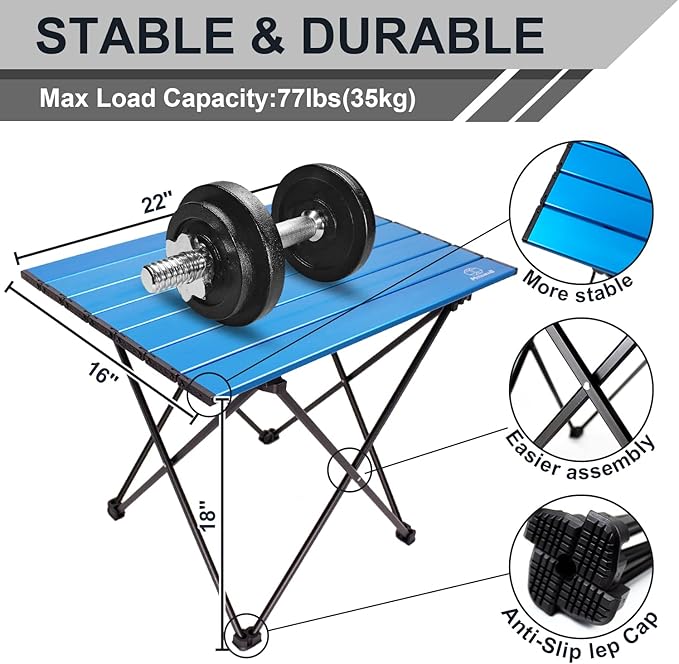 MSSOHKAN Camping Table Folding Portable Camp Side Table Aluminum Lightweight Carry Bag Beach Outdoor Hiking Picnics BBQ Cooking Dining Kitchen Blue Medium